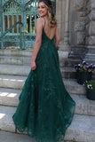 Green Tulle Lace A-line V-neck Floor Length Prom Dresses, Evening Dresses, SP956