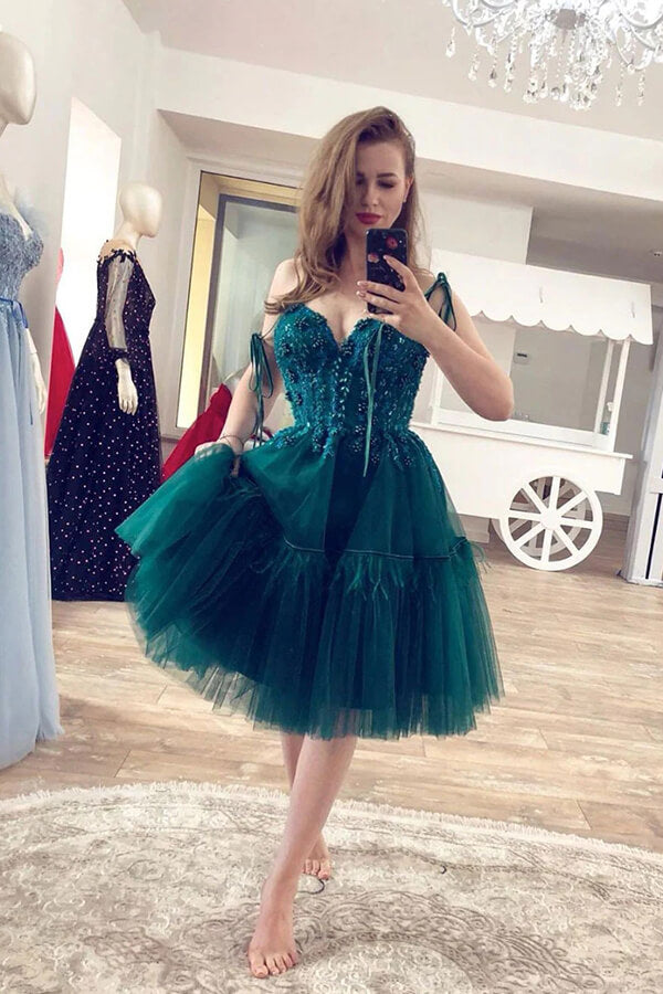 Green Tulle Lace Sweetheart Neck Homecoming Dresses, Short Prom Dress, SH583 | short homecoming dress | cheap homecoming dresses | lace homecoming dress | simidress.com
