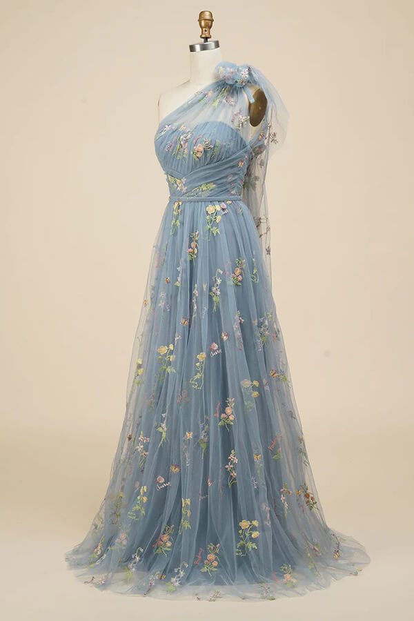 Grey Blue A-line Floral Embroidery One Shoulder Prom Dresses, Evening Gown, SP847 | cheap prom dresses online | evening dresses | long formal dresses | simidress.com