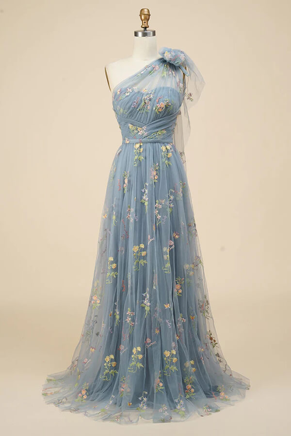 french blue silk dress Grey Blue Floral Embroidery One Shoulder Prom Dress SP847