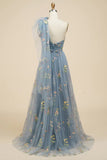 One shoulder prom dress | blue prom dresses | lace prom dress | simidress.com