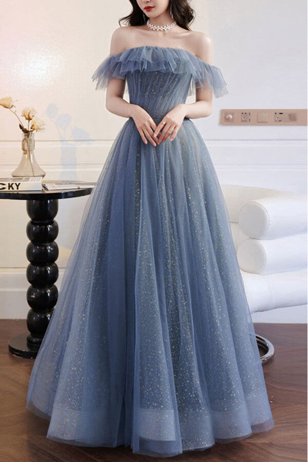 Grey Blue Tulle A-line Off Shoulder Prom Dresses SP788 | Simidress Grey Blue Tulle A-line Off Shoulder Prom Dresses SP788 | Simidress