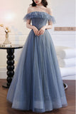 Grey Blue Tulle A-line Off Shoulder Prom Dresses, Long Formal Dresses, SP788