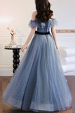 Grey Blue Tulle A-line Off Shoulder Prom Dresses, Long Formal Dresses, SP788 | a line prom dresses | long formal dresses | party dress | www.simidress.com