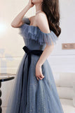 Grey Blue Tulle A-line Off Shoulder Prom Dresses, Long Formal Dresses, SP788 | a line prom dress | floor length prom dress | cheap long prom dresses | www.simidress.com