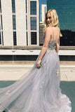 Grey Tulle A-line Spaghetti Straps Appliqued Prom Dresses, Formal Dresses, SP783 | cheap long prom dresses | evening dresses | party dresses | www.simidress.com