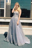 Grey Tulle A-line Spaghetti Straps Appliqued Prom Dresses, Formal Dresses, SP783