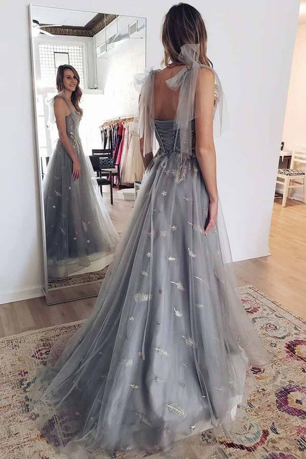 Grey Tulle Lace A-line Lace up Back Long Prom Dresses, Evening Dresses, SP803 | tulle prom dresses | a line prom dresses | lace prom dress | www.simidress.com