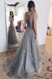Grey Tulle Lace A-line Lace up Back Long Prom Dresses, Evening Dresses, SP803