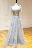 Grey Tulle Lace A-line Lace up Back Long Prom Dresses, Evening Dresses, SP803 | cheap long prom dresses | a line lace prom dresses | long formal dresses | www.simidress.com
