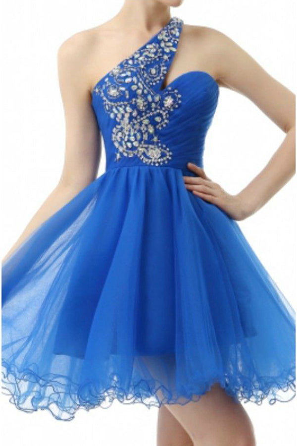 Blue One Shoulder Homecoming Dress with Beading, Straps Short Prom Dress,