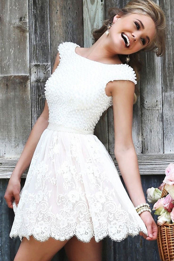 White Appliques Lace Homecoming Dresses, Scoop Beaded Short Prom