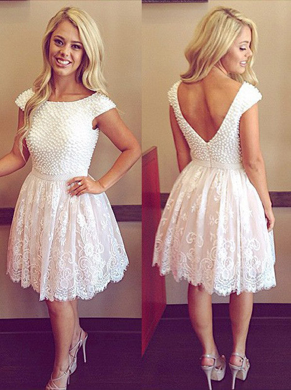 White Appliques Lace Homecoming Dresses, Scoop Beaded Irregular Short Prom Dress SH143