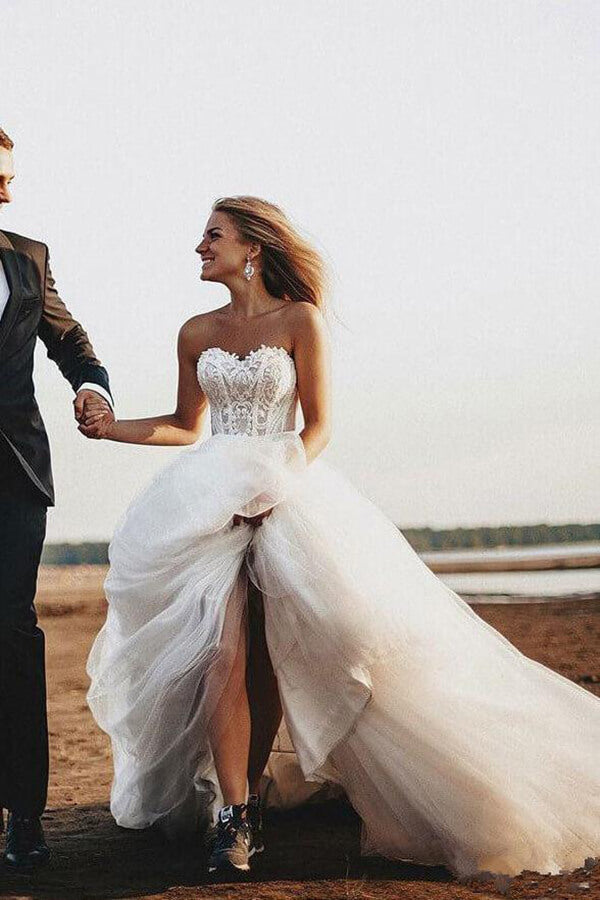 Lace Sweetheart Chapel Train Beach Wedding Dresses, SW440 | Simidress Lace Sweetheart Chapel Train Beach Wedding Dresses, SW440 | Simidress