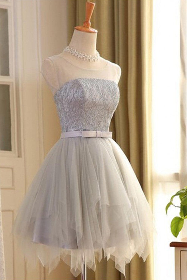 A-line Scoop Gray Tulle Sleeveless Short Prom Dresses with Lace,Homecoming Dress,SH12