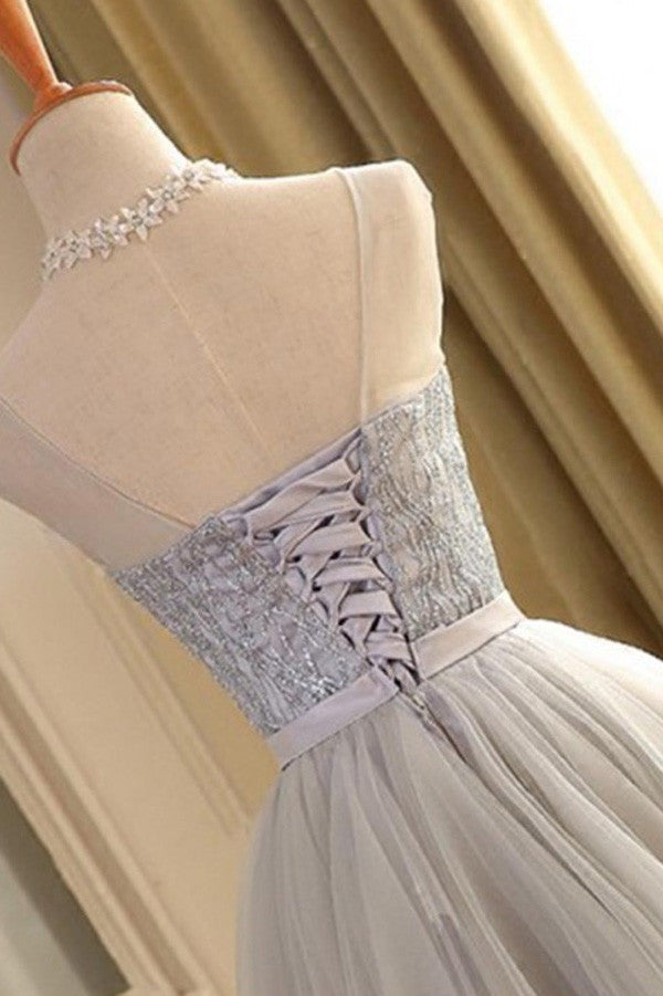 A-line Scoop Gray Tulle Sleeveless Short Prom Dresses with Lace,Homecoming Dress,SH12