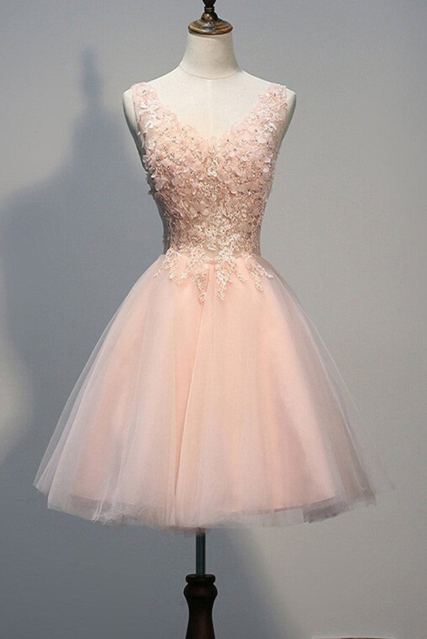 Pink Homecoming Dresses,Open Back Homecoming Dress with Pearl Applique –  Simidress
