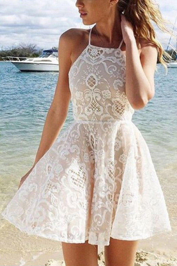A-line White Halter Short Straps Lace Homecoming Dresses With Pleats – Simidress