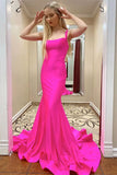 Hot Pink Mermaid Satin Lace Up Back Long Prom Dresses, Evening Dress, SP724