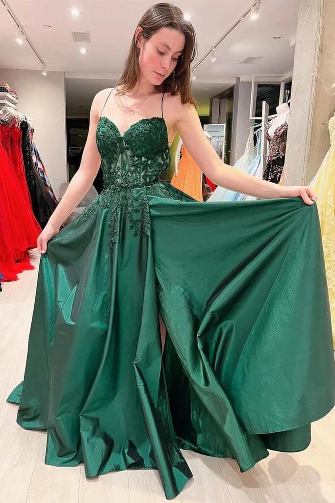Hot Pink Satin A-line Prom Dresses With Lace Appliques, Long Formal Dress, SP932 | green prom dresses | simple prom dresses | prom dresses for teens | simidress.com