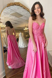 Hot Pink Satin A-line Prom Dresses With Lace Appliques, Long Formal Dress, SP932 | lace prom dresses | cheap prom dress | evening gown | simidress.com
