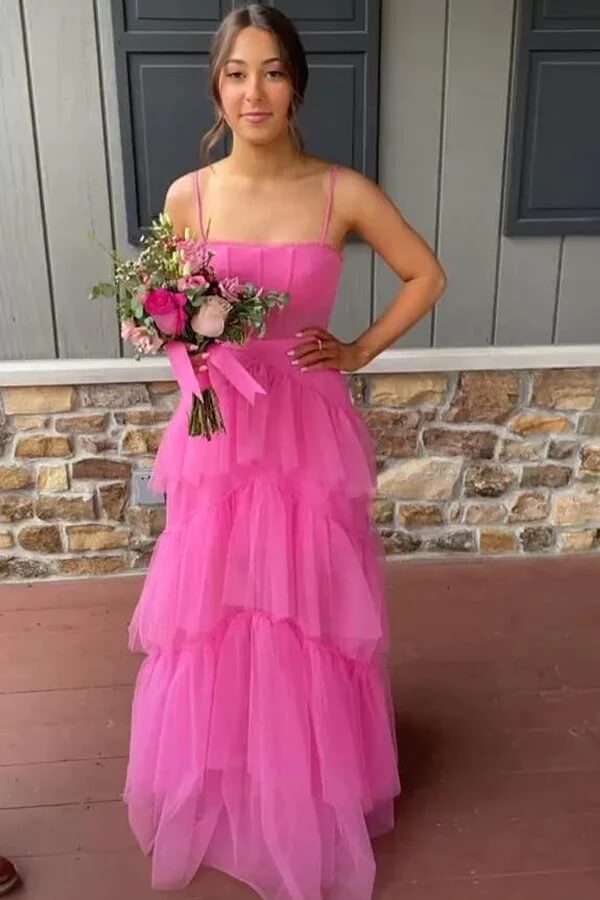 Hot Pink Tiered Tulle A-line Floor Length Prom Dresses, Evening Dresses, SP832 | tulle prom dresses | cheap prom dresses | evening gown | simidress.com