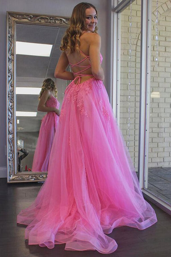 2023 V Neck Beading Hot Pink A Line Tulle Prom Dress – Sassymyprom