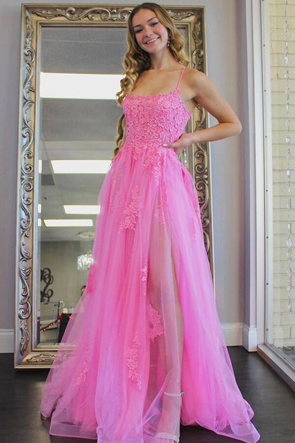 Hot Pink Tulle A-line Scoop Split Long Prom Dresses SP748 | Simidress Hot Pink Tulle A-line Scoop Split Long Prom Dresses SP748 | Simidress