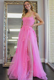 Hot Pink Tulle A-line Scoop Split Long Prom Dresses With Lace Appliques, SP748