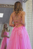Hot Pink Tulle A-line Scoop Split Long Prom Dresses With Lace Appliques, SP748 | a line lace prom dress | hot pink lace prom dress | long prom dresses online | www.simidress.com