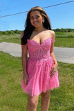 Hot Pink Tulle A Line Sweetheart Lace Appliques Short Homecoming Dresses, SH606