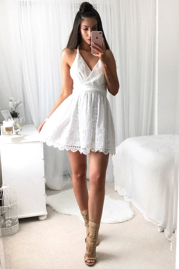 White Sweetheart Spaghetti Homecoming Dress,Open Back Short Prom Dress