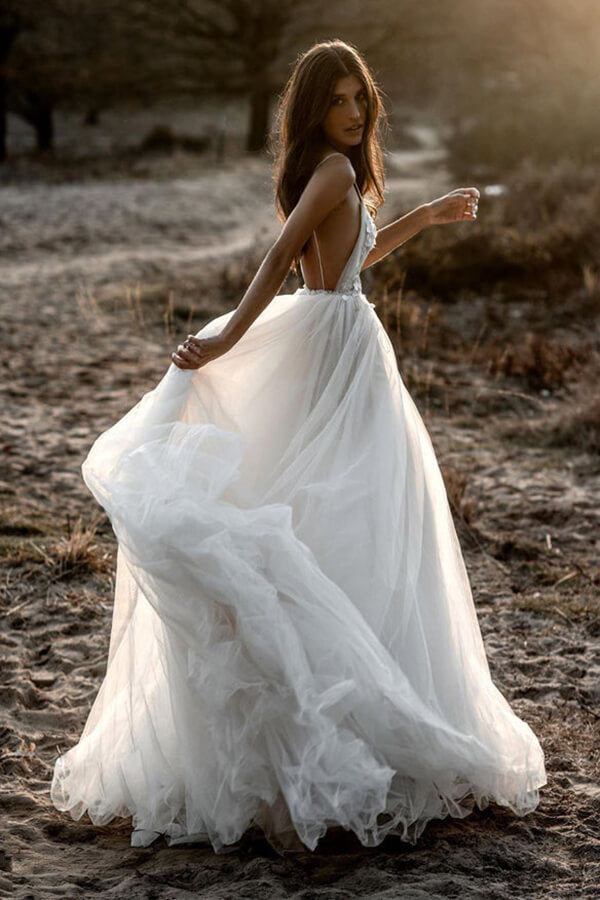 Ivory A-line Deep V-neck Backless Appliqued Wedding Dresses, Bridal Gown, SW493 | beach wedding dresses | tulle wedding dresses | a line wedding dress | www.simidress.com