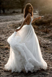 Ivory A-line Deep V-neck Backless Appliqued Wedding Dresses, Bridal Gown, SW493