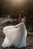 Ivory A-line Deep V-neck Backless Appliqued Wedding Dresses, Bridal Gown, SW493 | tulle a line wedding dresses | beach wedding gown | wedding dresses online | www.simidress.com