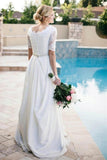 Ivory A-line Half Sleeves Lace Beaded Wedding Dresses, Bridal Gown, SW443 | ivory wedding dress | lace wedding dresses | beach wedding dresses | www.simidress.com