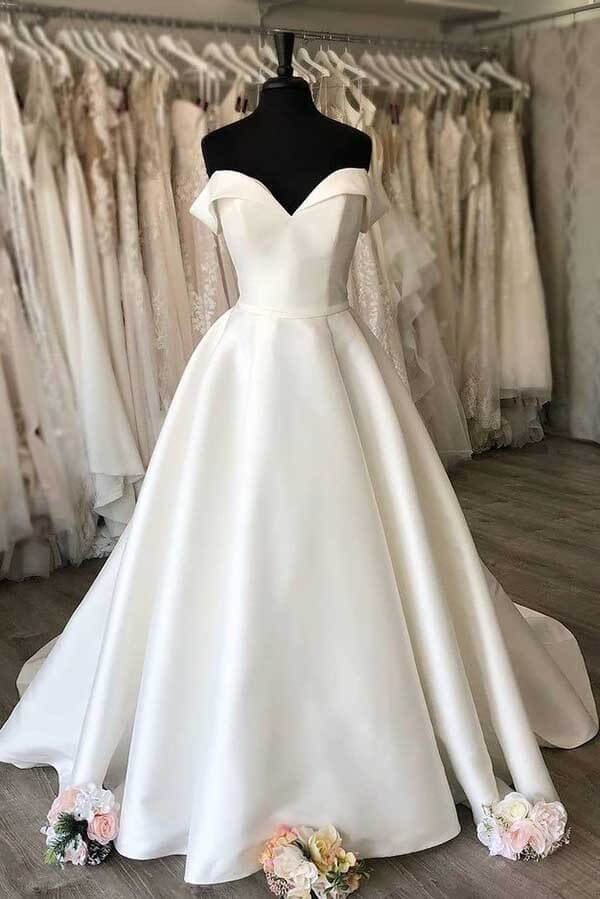 Ivory A-line Off-the-Shoulder Satin Wedding Dresses SW522