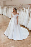 Ivory A-line Off-the-Shoulder Satin Wedding Dresses, Cheap Wedding Gown, SW522 | ivory wedding gown | bridal gown | plus size wedding dresses | a line wedding dresses | www.simidress.com
