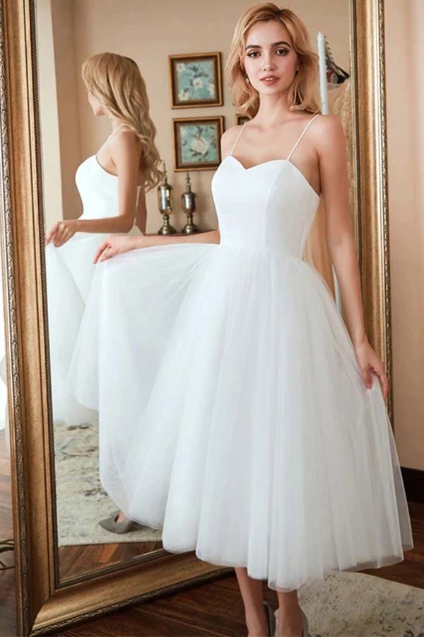 short wedding dresses simple Ivory Tulle Spaghetti Straps Short Wedding Dresses SW507