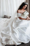 Ivory Ball Gown Satin Off-the-Shoulder Wedding Dresses With Appliques, SW609 | simple wedding dress | lace wedding dress | wedding gown | simidress.com