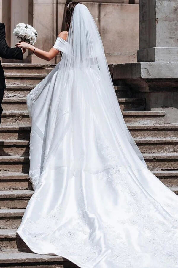 Ivory Ball Gown Satin Off-the-Shoulder Wedding Dresses With Appliques, SW609 | ivory satin wedding dress | vintage wedding dress | wedding gown | simidress.com
