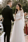 Ivory Bohemian A-line Long Sleeves Lace Wedding Dresses, Bridal Gown, SW446