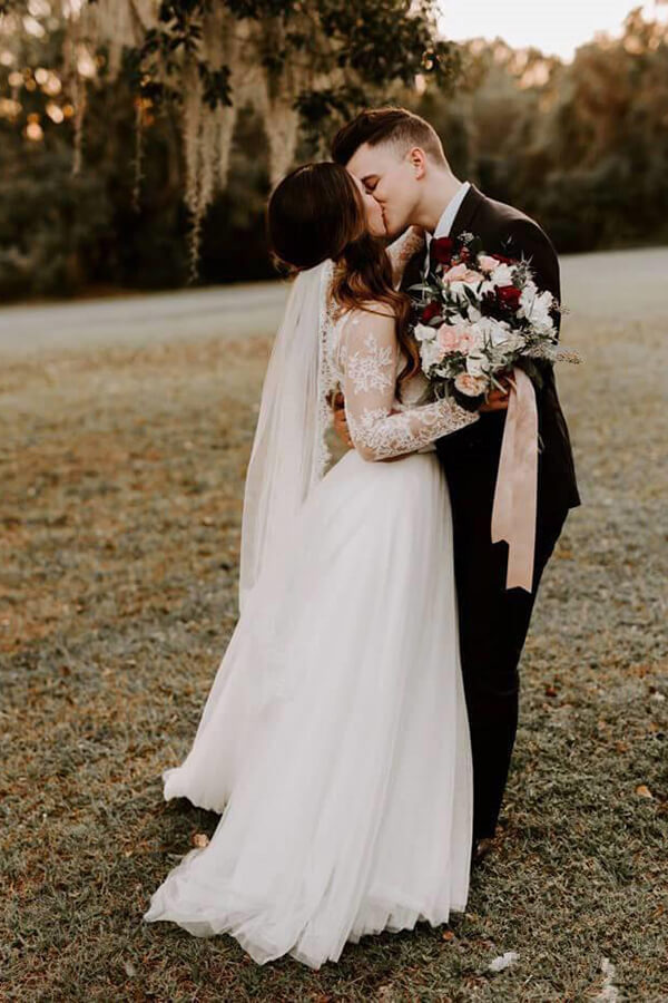 Ivory Bohemian A-line Long Sleeves Lace Wedding Dresses, Bridal Gown, SW446 | a line wedding dresses | beach wedding dresses | ivory wedding dress | www.simidress.com