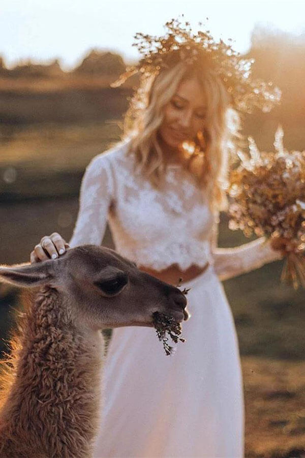 Ivory Boho Lace Two Piece Long Sleeves Chiffon Beach Wedding Dresses, SW414 | two piece wedding dresses | lace wedding dresses | beach wedding dresses | long sleeves wedding dresses | www.simidress.com