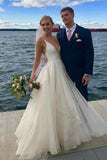 Ivory Chiffon A-line V-neck Backless Sweep Train Beach Wedding Dresses, SW429