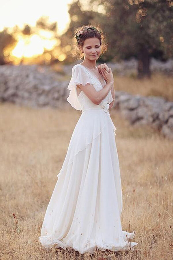 Ivory Chiffon Flower Cap Sleeves V-Neck Wedding Dresses, Bridal Dress, SW603 | chiffon wedding dresses | v neck wedding dress | bridal gown | simidress.com
