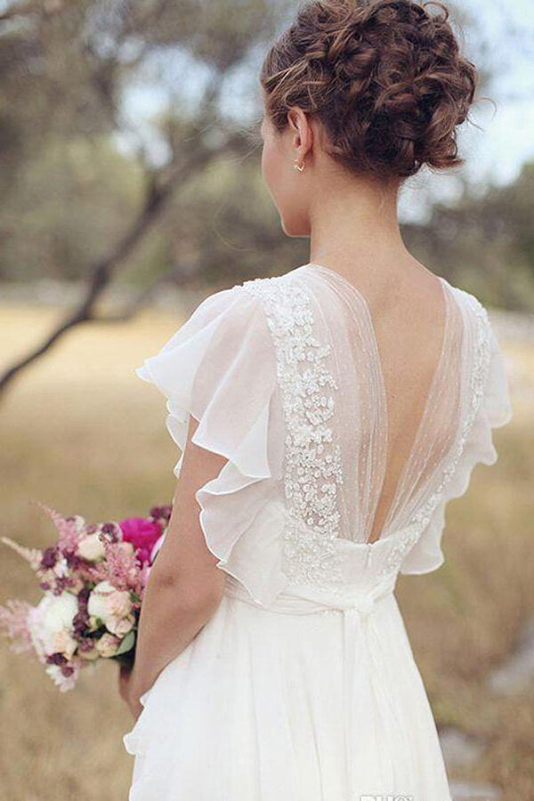 Ivory Chiffon Flower Cap Sleeves V-Neck Wedding Dresses, Bridal Dress, SW603 | floral wedding dresses | wedding gown | vintage wedding dresses | simidress.com