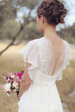 Ivory Chiffon Flower Cap Sleeves V-Neck Wedding Dresses, Bridal Dress, SW603 | floral wedding dresses | wedding gown | vintage wedding dresses | simidress.com