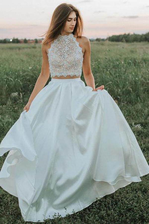 Ivory Chiffon Two Pieces A-line Lace Top Wedding Dresses With Pockets, SW614 | lace wedding dresses | simple wedding dress | wedding gown | simidress.com