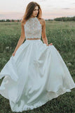 Ivory Chiffon Two Pieces A-line Lace Top Wedding Dresses With Pockets, SW614